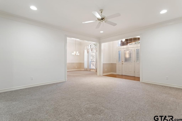 unfurnished bedroom featuring baseboards, ornamental molding, recessed lighting, and light colored carpet