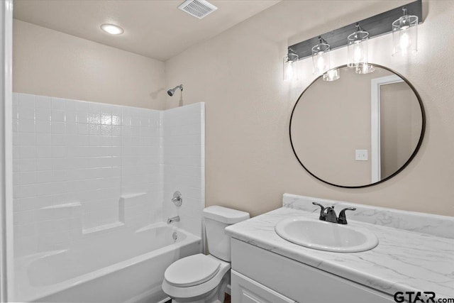 full bathroom with toilet, tub / shower combination, and vanity