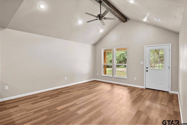 unfurnished living room with high vaulted ceiling, ceiling fan, light hardwood / wood-style floors, and beamed ceiling