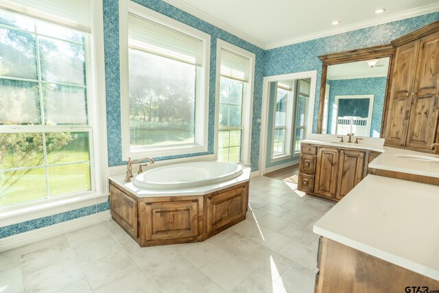 21585 Syrah Ln, Tyler, TX 75703 - full bathroom with wallpapered walls, ornamental molding, a garden tub, vanity, and tile patterned floors