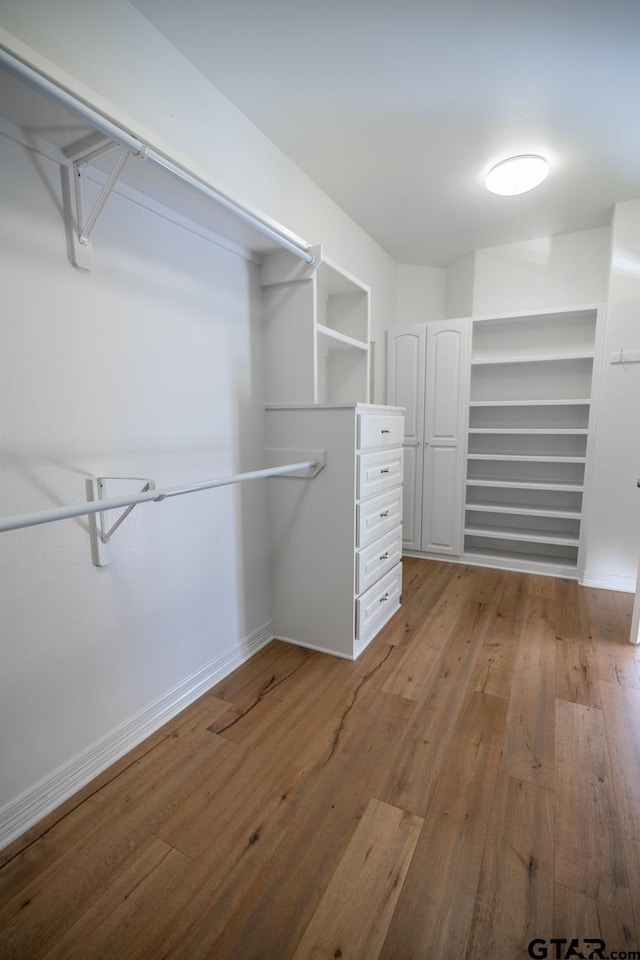 walk in closet with wood-type flooring