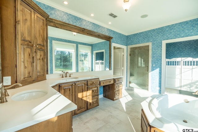 bathroom featuring independent shower and bath, vanity, and ornamental molding