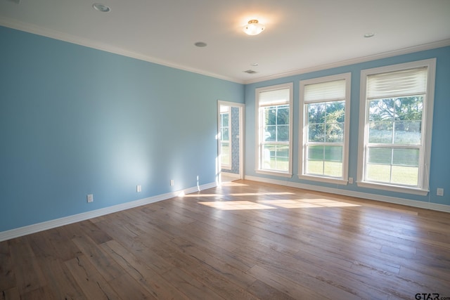 spare room with light wood-type flooring, plenty of natural light, and crown molding