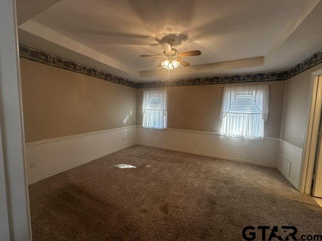 spare room with a raised ceiling, carpet, and ceiling fan