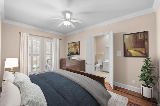 2322 Dietz Ln, Tyler, TX 75701 - bedroom with a ceiling fan, light wood-type flooring, baseboards, ensuite bath, and ornamental molding