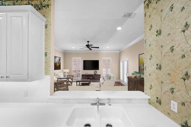 2322 Dietz Ln, Tyler, TX 75701 - interior space with a sink, visible vents, recessed lighting, ceiling fan, and crown molding