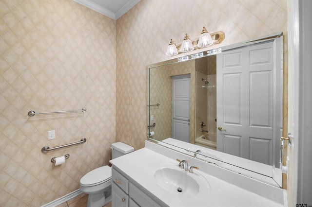 2322 Dietz Ln, Tyler, TX 75701 - bathroom with wallpapered walls, vanity, shower / tub combination, toilet, and ornamental molding