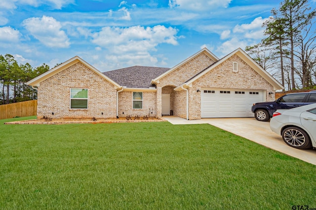 single story home with a garage and a front yard