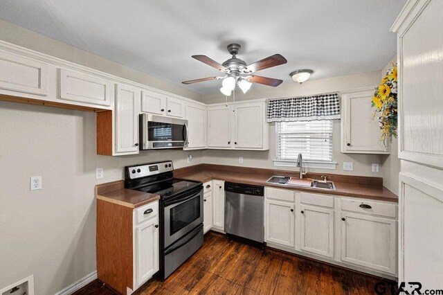 bedroom featuring ceiling fan and dark wood-type flooring