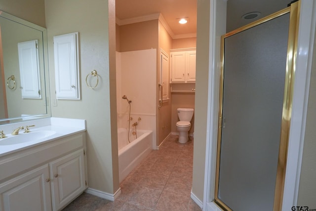 full bathroom featuring vanity, ornamental molding, plus walk in shower, tile patterned floors, and toilet