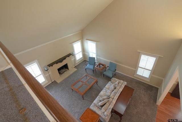 unfurnished living room featuring a fireplace, high vaulted ceiling, and carpet