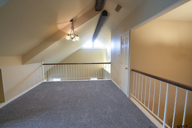 additional living space featuring carpet, vaulted ceiling with beams, and a notable chandelier