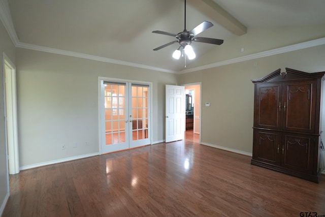 unfurnished room featuring crown molding, dark wood-type flooring, ceiling fan, lofted ceiling with beams, and french doors