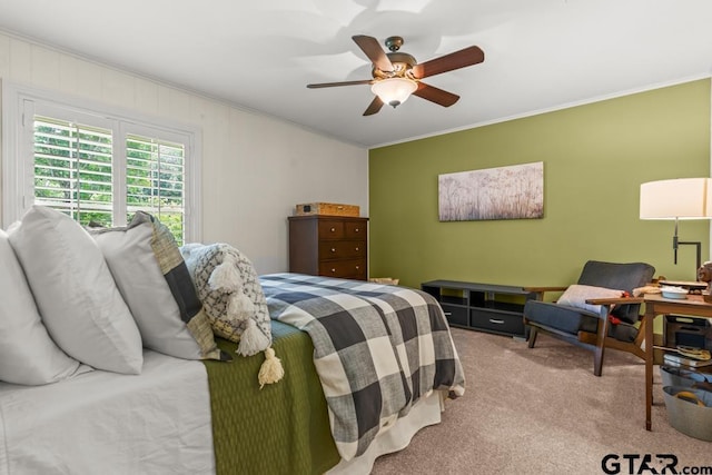 1805 Greenway St, Gilmer, TX 75644 - bedroom featuring ornamental molding, carpet, and a ceiling fan