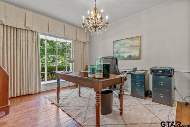 1805 Greenway St, Gilmer, TX 75644 - office space with ornamental molding, a chandelier, and light wood finished floors