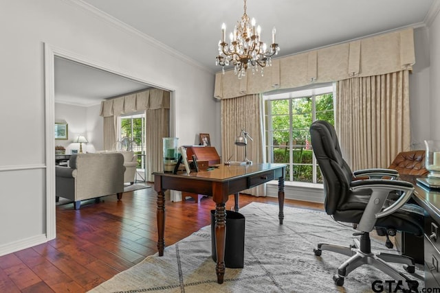 1805 Greenway St, Gilmer, TX 75644 - office area featuring wood-type flooring, ornamental molding, a chandelier, and baseboards