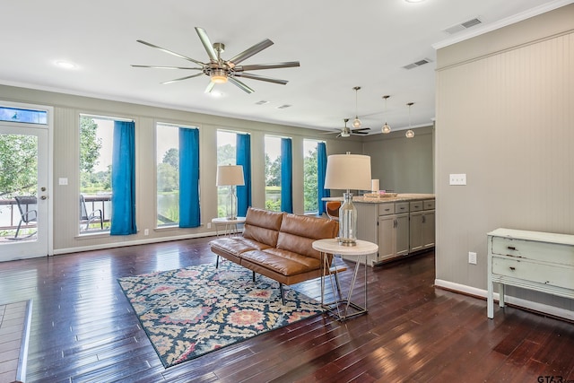 living room with a healthy amount of sunlight, dark hardwood / wood-style floors, and ornamental molding