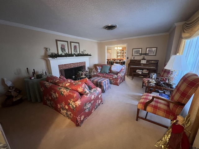 living room with crown molding, a brick fireplace, carpet flooring, and a textured ceiling