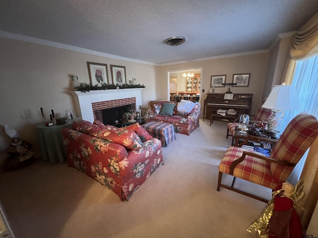 carpeted living room with a brick fireplace, crown molding, a notable chandelier, and a textured ceiling