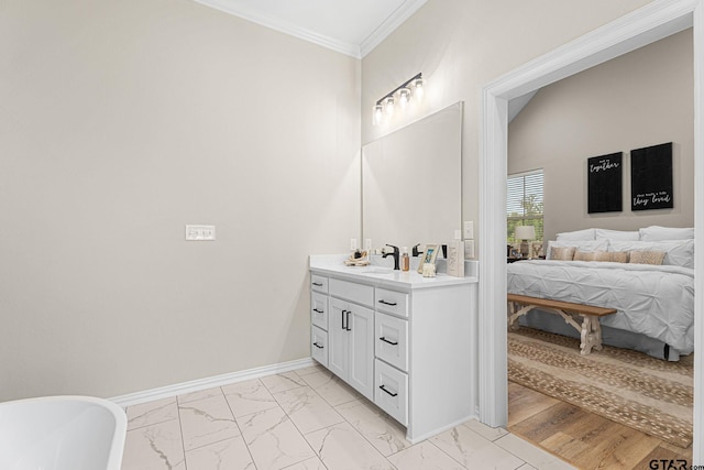 12293 Harlon St, Flint, TX 75762 - ensuite bathroom with marble look tiles, vanity, a freestanding tub, and crown molding