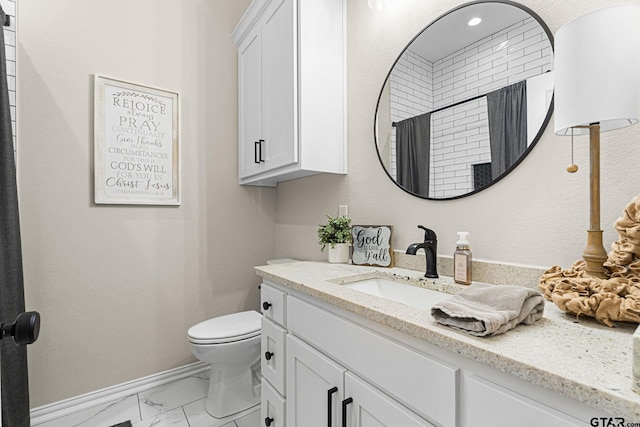 12293 Harlon St, Flint, TX 75762 - full bathroom featuring marble look tiles, vanity, a shower with curtain, and recessed lighting