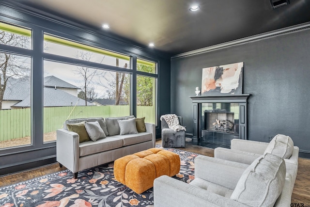 interior space featuring visible vents and a fireplace