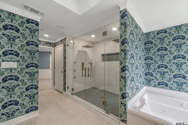 bathroom featuring wallpapered walls, visible vents, a stall shower, and ornamental molding