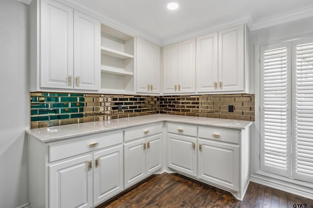 kitchen featuring open shelves, tasteful backsplash, and dark wood finished floors