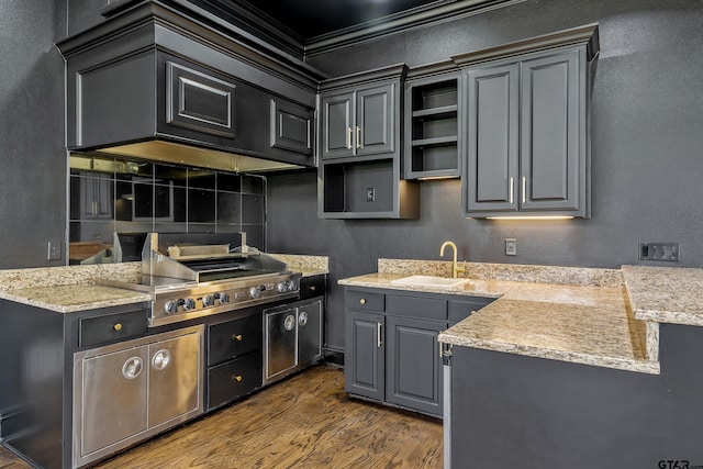 kitchen featuring dark wood-style floors, decorative backsplash, gray cabinetry, ornamental molding, and a sink