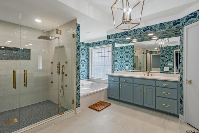 bathroom featuring crown molding, a shower stall, a bath, and wallpapered walls