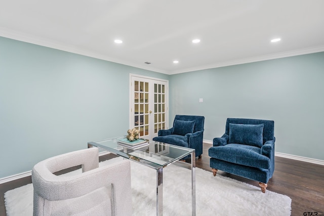 living area with french doors, recessed lighting, ornamental molding, wood finished floors, and baseboards