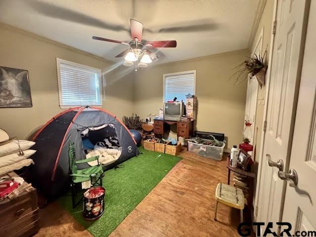 bedroom with ceiling fan and crown molding