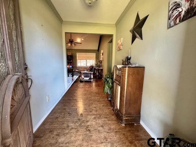 12239 Lovers Ln, Larue, TX 75770 - hallway with wood finished floors and crown molding