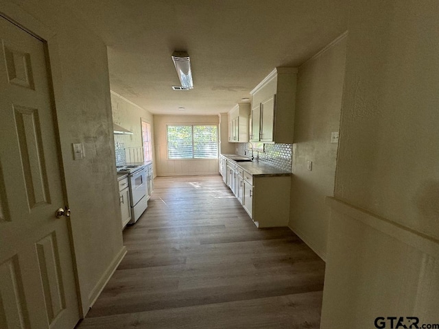 kitchen featuring light wood-type flooring, tasteful backsplash, white electric range oven, sink, and white cabinetry