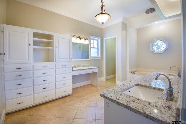 bathroom featuring a tub to relax in, vanity, tile patterned floors, and crown molding