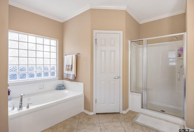 bathroom with tile patterned floors, crown molding, and plus walk in shower