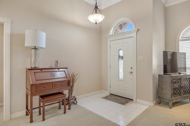 dining area with light carpet, ornamental molding, and a notable chandelier