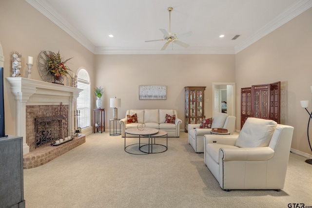 carpeted dining space with ornamental molding and an inviting chandelier