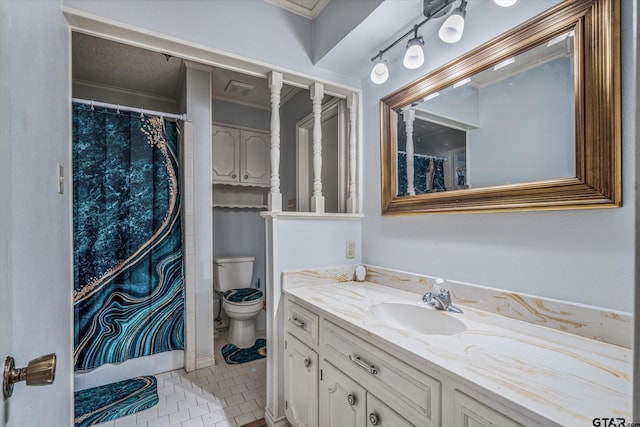 full bath featuring vanity, visible vents, curtained shower, tile patterned floors, and toilet