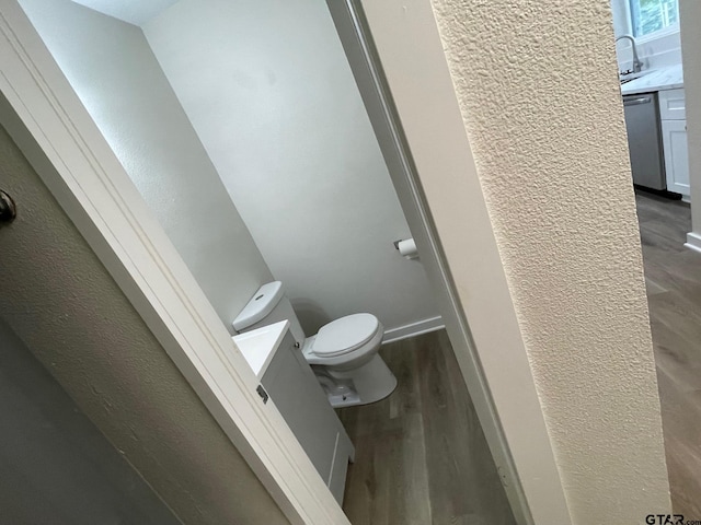 bathroom featuring vanity, hardwood / wood-style flooring, and toilet