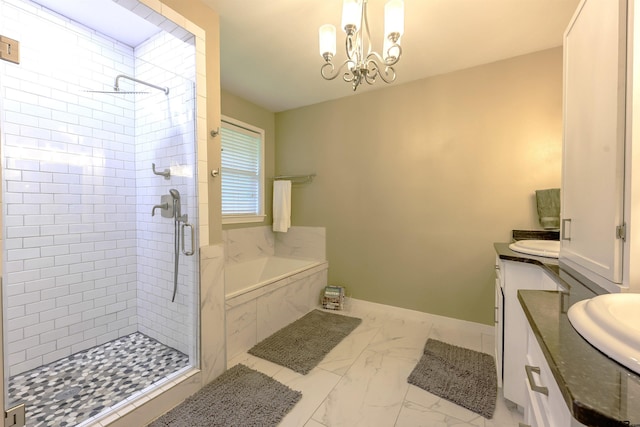 10074 Hillside Ln, Flint, TX 75762 - bathroom featuring vanity, a shower stall, a garden tub, marble finish flooring, and a chandelier
