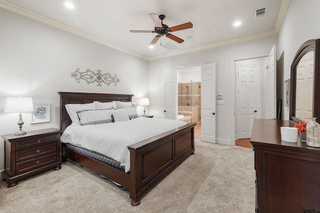 1940 Stonehill Dr, Tyler, TX 75703 - bedroom with crown molding, light colored carpet, ensuite bathroom, recessed lighting, and ceiling fan