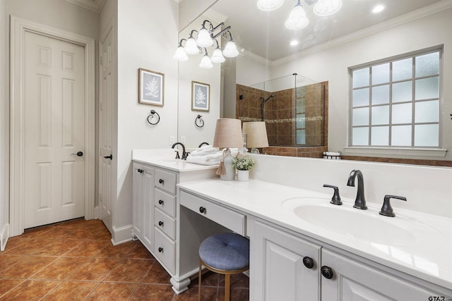 1940 Stonehill Dr, Tyler, TX 75703 - bathroom with ornamental molding, double vanity, walk in shower, and tile patterned floors