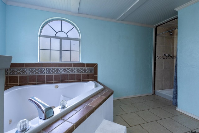 bathroom with ornamental molding, tile patterned flooring, and shower with separate bathtub