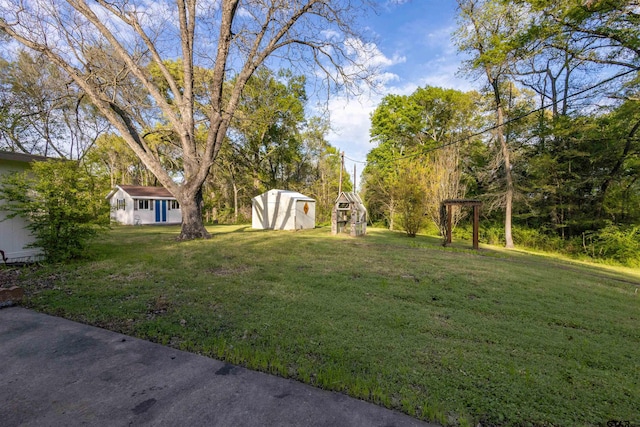 view of yard featuring a storage unit