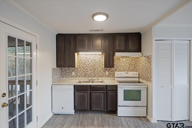 kitchen with ventilation hood, white appliances, sink, and ornamental molding