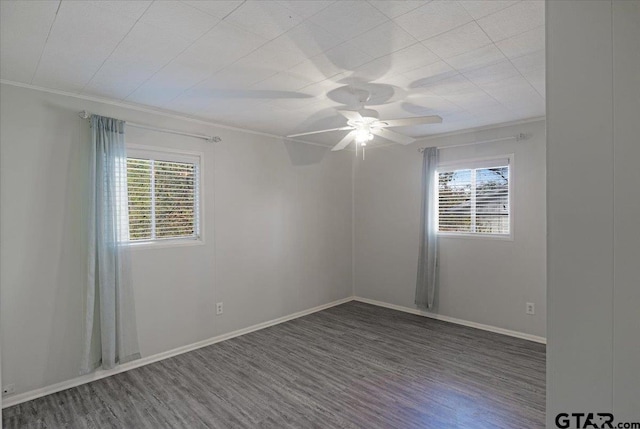 empty room with a wealth of natural light, ceiling fan, and hardwood / wood-style flooring