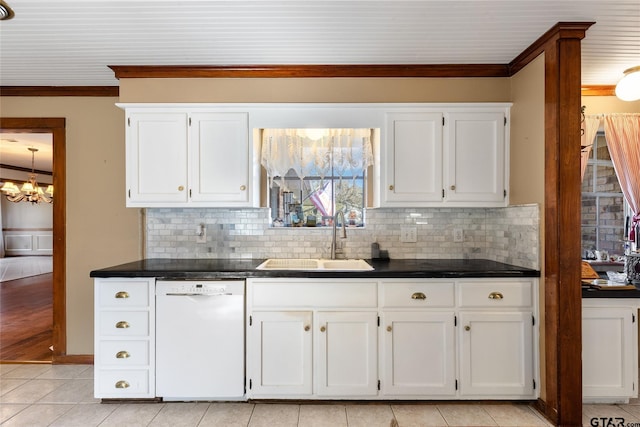 kitchen featuring white cabinetry, backsplash, dishwasher, ornamental molding, and sink