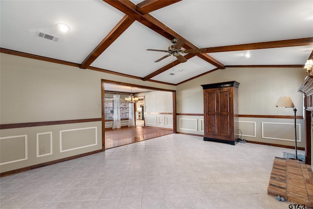 tiled spare room with vaulted ceiling with beams and ceiling fan with notable chandelier