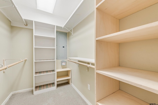 spacious closet featuring a skylight, electric panel, and carpet